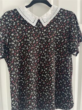 Faith and Joy Black Floral Top with White Collar